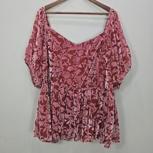 Torrid Top 4X Pink Peach Floral Velvet Burnout Puff Sleeve Babydoll Fairy Whimsi